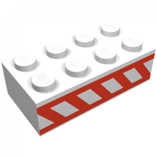 Brick 2 x 4 with Angled Red Stripes Between Two Horizontal Red Stripes Pattern