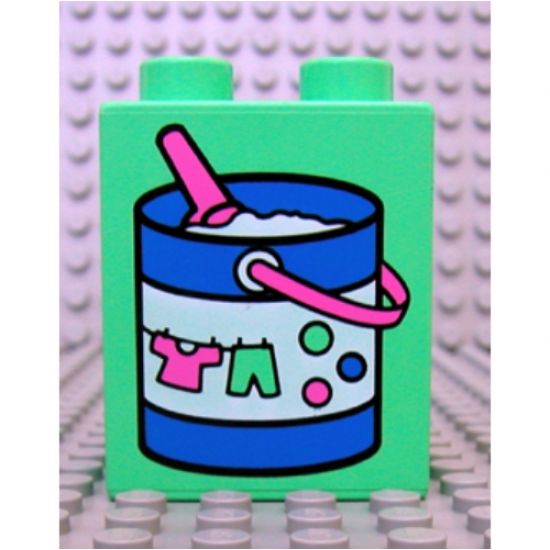 Duplo, Brick 1 x 2 x 2 with Laundry Pail with Clothes and Pink Scoop Pattern