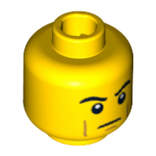 Minifigure, Head Male Black Thick Eyebrows, Brown Cheek Lines, Determined Pattern - Blocked Open Stud