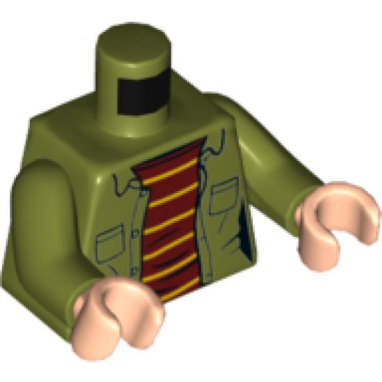 Torso Female Jacket with Pockets and Dark Red Shirt with 6 Yellow Stripes Pattern / Olive Green Arms / Light Nougat Hands