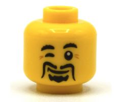 Minifigure, Head Black Moustache Fu Manchu, Winking Eye, Laugh Lines Pattern - Hollow Stud