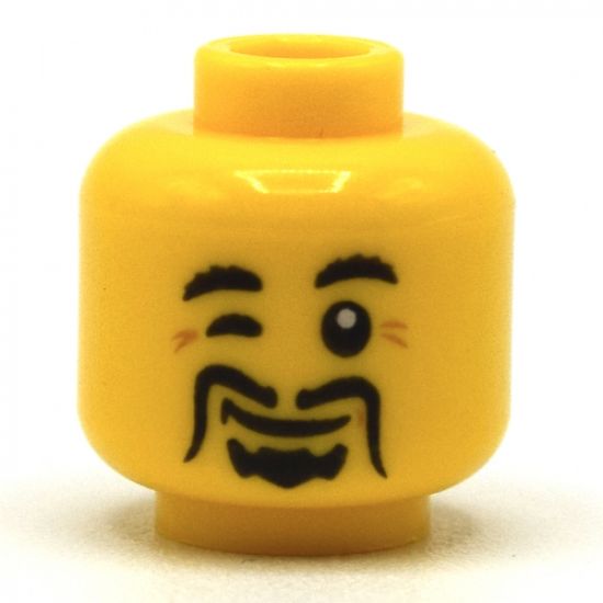 Minifigure, Head Black Moustache Fu Manchu, Winking Eye, Laugh Lines Pattern - Hollow Stud