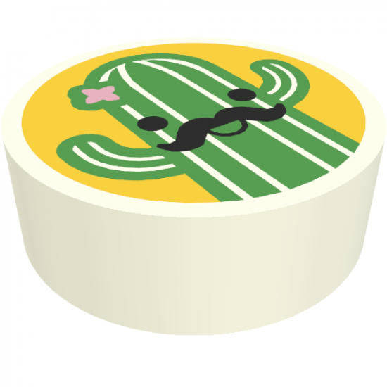 Tile, Round 1 x 1 with Bright Green Cactus with Black Moustache on Yellow Background Pattern