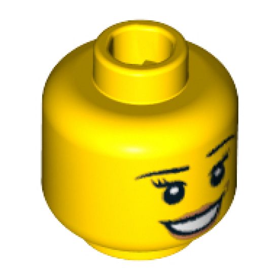 Minifigure, Head Female with Peach Lips and Dimple, Open Mouth Smile, Black Thin Eyebrows, Eyelashes and White Pupils Pattern - Blocked Open Stud