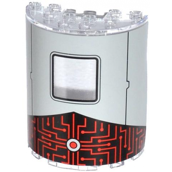 Cylinder Half 3 x 6 x 6 with 1 x 2 Cutout with Square Window, Black Lines, Red Button and Circuitry Pattern (Sticker) - Set 79105