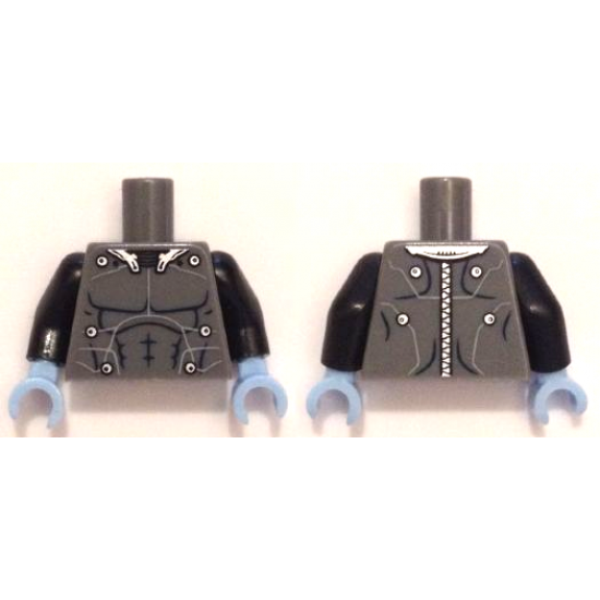 Torso Muscles Outline with Electrodes and Wires, Silver Collar and Zipper on Back Pattern / Black Arms / Bright Light Blue Hands