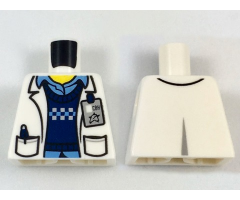 Torso Lab Coat with Pockets over Blue Vest and Shirt, ID Badge with Ultra Agents Logo Pattern (Christina Hydron)