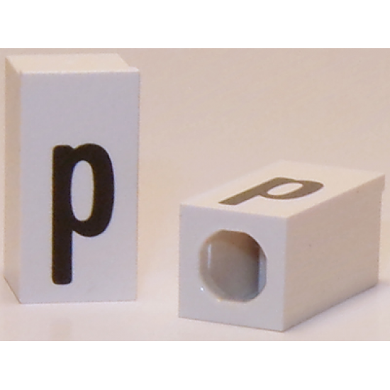 Tile, Modified 1 x 2 x 5/6 with Stud Hole in End and Black 'p' Lower Case Pattern