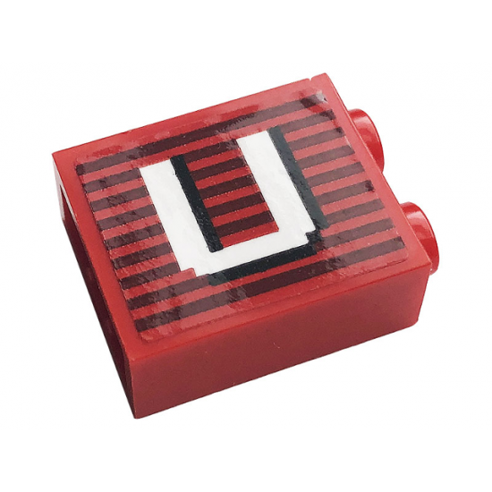 Brick 1 x 2 x 2 with Inside Stud Holder with Gray Stripes and White Letter 'U' Pattern (Sticker) - 10272