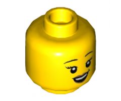 Minifigure, Head Dual Sided Female, Black Eyebrows, Peach Lips, Smile Showing Teeth / Open Mouth with Sweat Drop Pattern - Hollow Stud