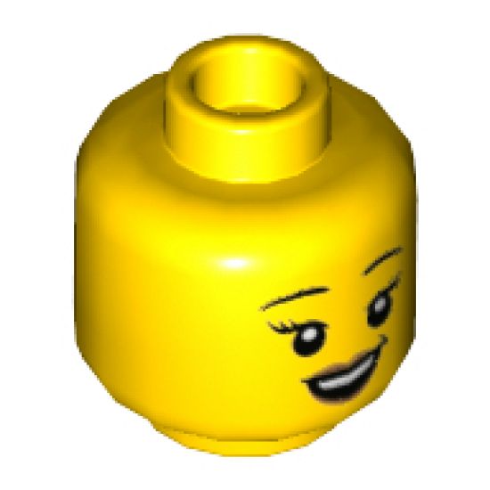 Minifigure, Head Dual Sided Female, Black Eyebrows, Peach Lips, Smile Showing Teeth / Open Mouth with Sweat Drop Pattern - Hollow Stud