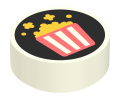 Tile, Round 1 x 1 with Coral Striped Popcorn Bucket on Black Background Pattern