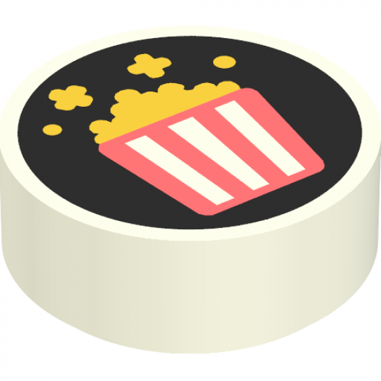 Tile, Round 1 x 1 with Coral Striped Popcorn Bucket on Black Background Pattern