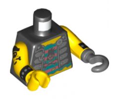 Torso Vest, Silver Clasps, Anchor and Compass Buttons, Shirt Coral and Dark Turquoise Stripes with Black Skull and Crossbones, Pirate Ship on Back Pattern / Yellow Arms with Cuff and Pirate Tattoo Pattern / Dark Bluish Gray Hook Left / Yellow Hand Right