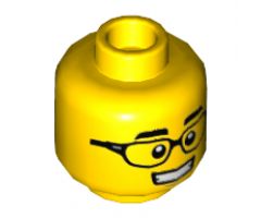 Minifigure, Head Dual Sided, Black Eyebrows, Black Glasses and Smile with Teeth / Raised Eyebrows and Open Mouth Smile Pattern - Hollow Stud