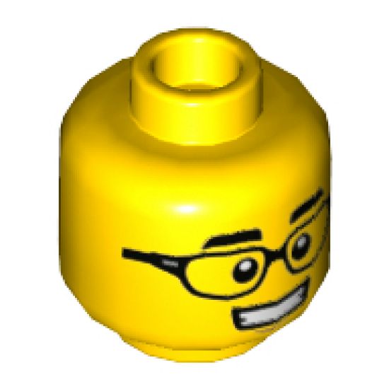 Minifigure, Head Dual Sided, Black Eyebrows, Black Glasses and Smile with Teeth / Raised Eyebrows and Open Mouth Smile Pattern - Hollow Stud