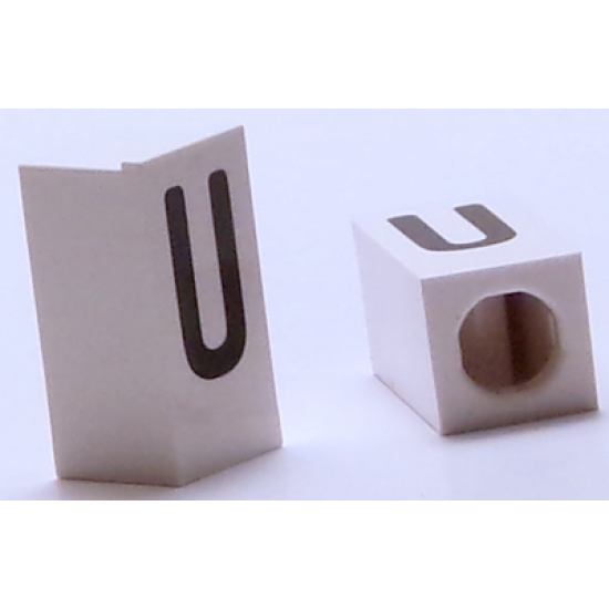 Tile, Modified 1 x 2 x 5/6 with Stud Hole in End and Black 'U' Upper Case Pattern