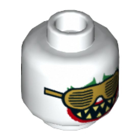 Minifigure, Head Dual Sided Green Eyebrows, Gold Grille Glasses, Red Lips, Open Mouth with Sharp Teeth / Closed Mouth with Fang Pattern - Hollow Stud