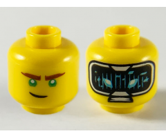 Minifigure, Head Dual Sided, Reddish Brown Eyebrows, Green Eyes, Lopsided Grin Further Right / HUD with Black Screen, Medium Azure Highlights Pattern - Hollow Stud