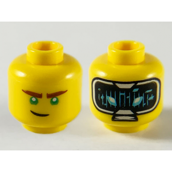 Minifigure, Head Dual Sided, Reddish Brown Eyebrows, Green Eyes, Lopsided Grin Further Right / HUD with Black Screen, Medium Azure Highlights Pattern - Hollow Stud