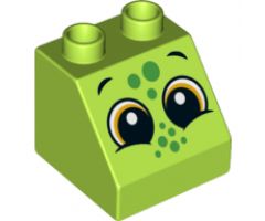 Duplo, Brick 2 x 2 x 1 1/2 Slope 45 with 2 Eyes and Green Spots Pattern (Lizard)