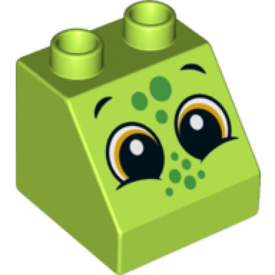 Duplo, Brick 2 x 2 x 1 1/2 Slope 45 with 2 Eyes and Green Spots Pattern (Lizard)