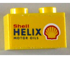 Brick 1 x 2 with 'Shell HELIX MOTOR OILS' on Yellow Background Pattern on Both Sides (Stickers) - Set 1254