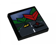Tile 2 x 2 with Screen with Road, Cars, Trees, Sky, and Green and Red Chevrons Pattern (Sticker) - Set 42096