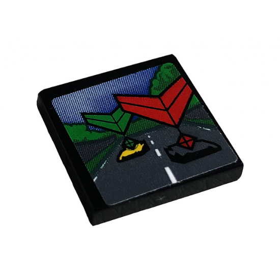 Tile 2 x 2 with Screen with Road, Cars, Trees, Sky, and Green and Red Chevrons Pattern (Sticker) - Set 42096