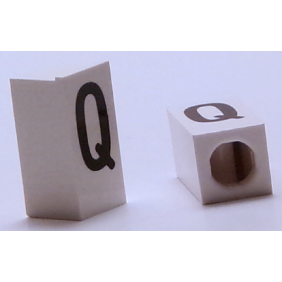 Tile, Modified 1 x 2 x 5/6 with Stud Hole in End and Black 'Q' Upper Case Pattern