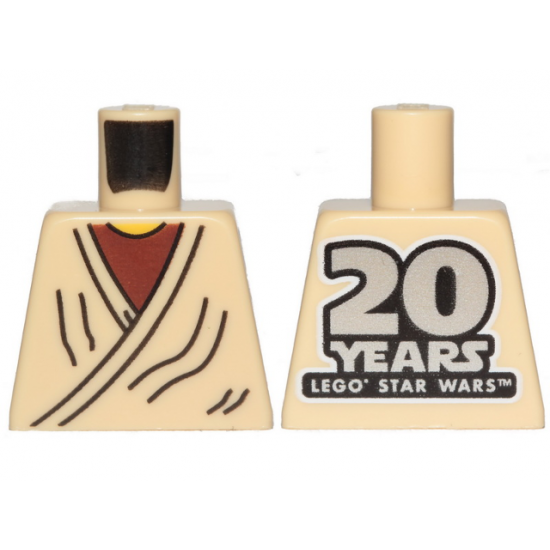 Torso SW Layered Shirt Old Obi-Wan Yellow Neck with '20 YEARS LEGO STAR WARS' on Back Pattern