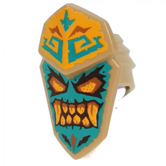 Minifigure, Headgear Islander Mask Dark Turquoise Face, Bright Light Orange Eyes and Teeth Pattern
