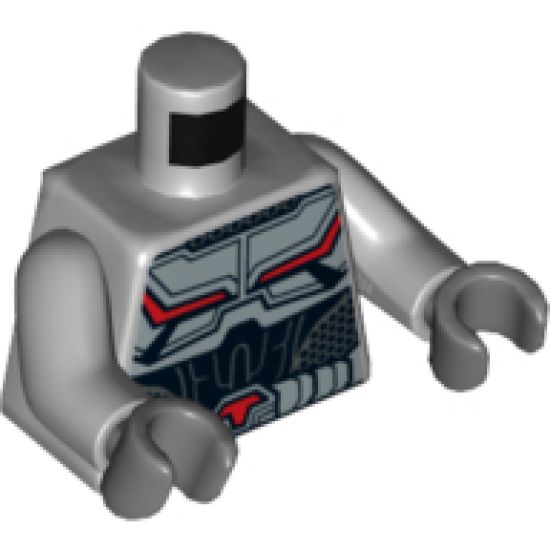 Torso Armor with Black and Red Lines on Chest and Silver Belt with Red Buckle Pattern / Light Bluish Gray Arms / Dark Bluish Gray Hands