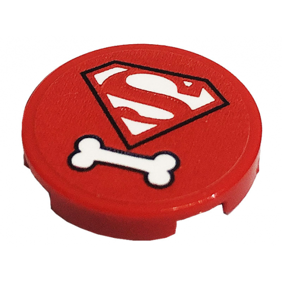 Tile, Round 2 x 2 with Bottom Stud Holder with Superman 'S' Logo and White Dog Bone Pattern (Sticker) - Set 41233