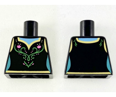 Torso Female Dress, Gold Hems, Dark Pink Flowers and Green Filigree Pattern