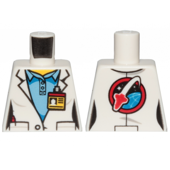 Torso Female Lab Coat over Medium Blue Shirt, ID Badge on Front, Space Shuttle Logo on Back Pattern