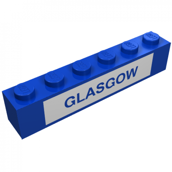 Brick 1 x 6 with Blue in White 'GLASGOW' Pattern