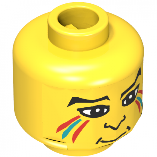 Minifigure, Head Face Paint with Red and Blue Painted Lines, Eyebrows, Pupils, Nose Pattern - Blocked Open Stud