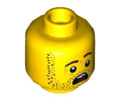 Minifigure, Head Dark Brown Beard Stubble, Dark Brown Eyebrows, Left Raised, Open Mouth, Teeth and Tongue, Scared Pattern - Hollow Stud