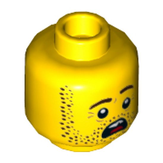 Minifigure, Head Dark Brown Beard Stubble, Dark Brown Eyebrows, Left Raised, Open Mouth, Teeth and Tongue, Scared Pattern - Hollow Stud
