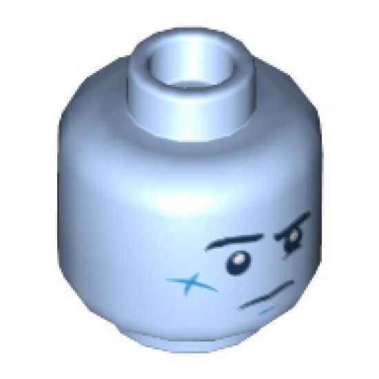 Minifigure, Head Dual Sided Black Raised Eyebrow, Dark Azure Cheek Scar, Nervous / Puzzled Pattern - Hollow Stud