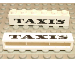 Brick 1 x 6 without Bottom Tubes with Cross Side Supports with Black 'TAXI'S' Serif Bold Pattern