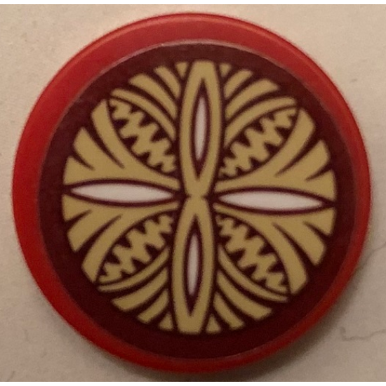 Tile, Round 2 x 2 with Bottom Stud Holder with Dark Red, Tan and White Hawaiian Tribal Pattern (Sticker) - Set 41149