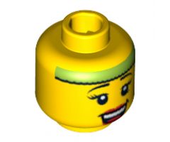 Minifigure, Head Female with Black Thin Eyebrows, Eyelashes, Red Lips, Open Smile and Lime Headband Pattern - Blocked Open Stud