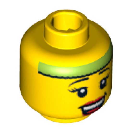 Minifigure, Head Female with Black Thin Eyebrows, Eyelashes, Red Lips, Open Smile and Lime Headband Pattern - Blocked Open Stud