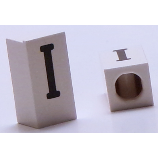 Tile, Modified 1 x 2 x 5/6 with Stud Hole in End and Black 'I' Upper Case Pattern