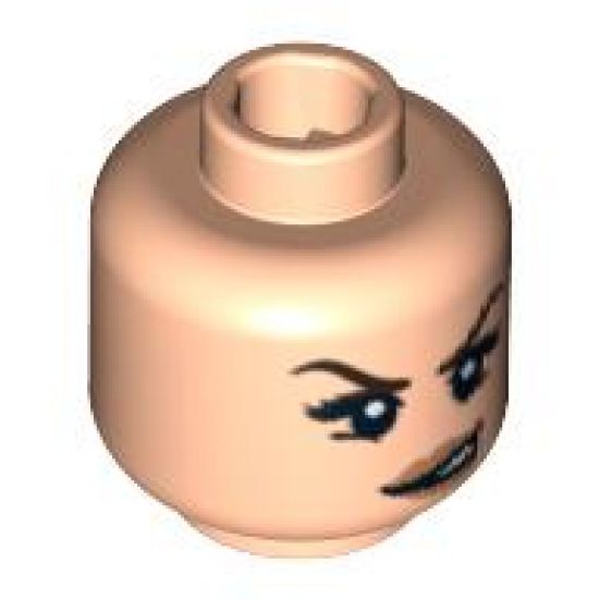 Minifigure, Head Dual Sided Female, Dark Brown Eyebrows and Eye Shadow, Medium Nougat Lips, Neutral / Conniving Pattern - Hollow Stud