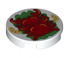 Tile, Round 2 x 2 with Bottom Stud Holder with 2 Red Crabs, 2 Bright Light Orange Orange Slices, Green Garnish Pattern