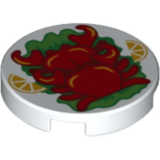 Tile, Round 2 x 2 with Bottom Stud Holder with 2 Red Crabs, 2 Bright Light Orange Orange Slices, Green Garnish Pattern