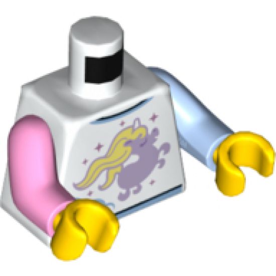 Torso Shirt, Lavender Unicorn Pattern / Bright Light Blue Arm Left / Bright Pink Arm Right / Yellow Hands